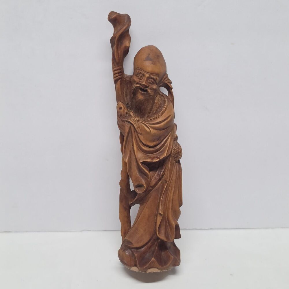 Vintage Chinese HandCarved Wood SHOU LAO GOD OF LONGEVITY Sculpture Figurine 8"